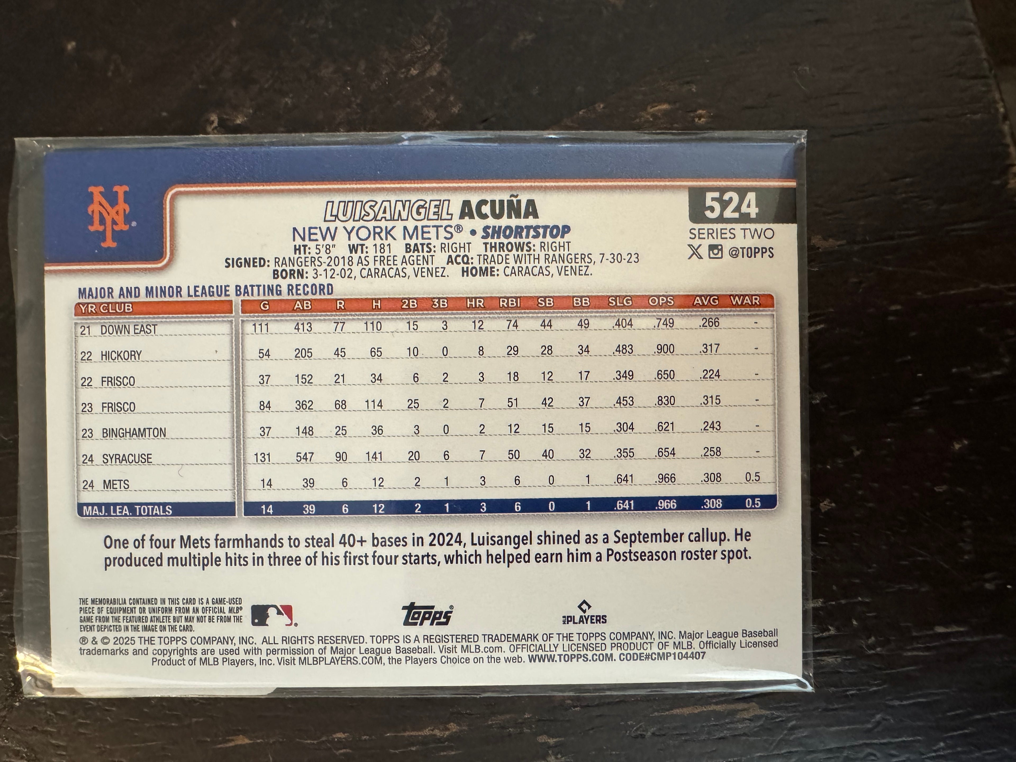 2025 Topps Series 2 Luisangel Acuña #524 RC Game-used memorabilia