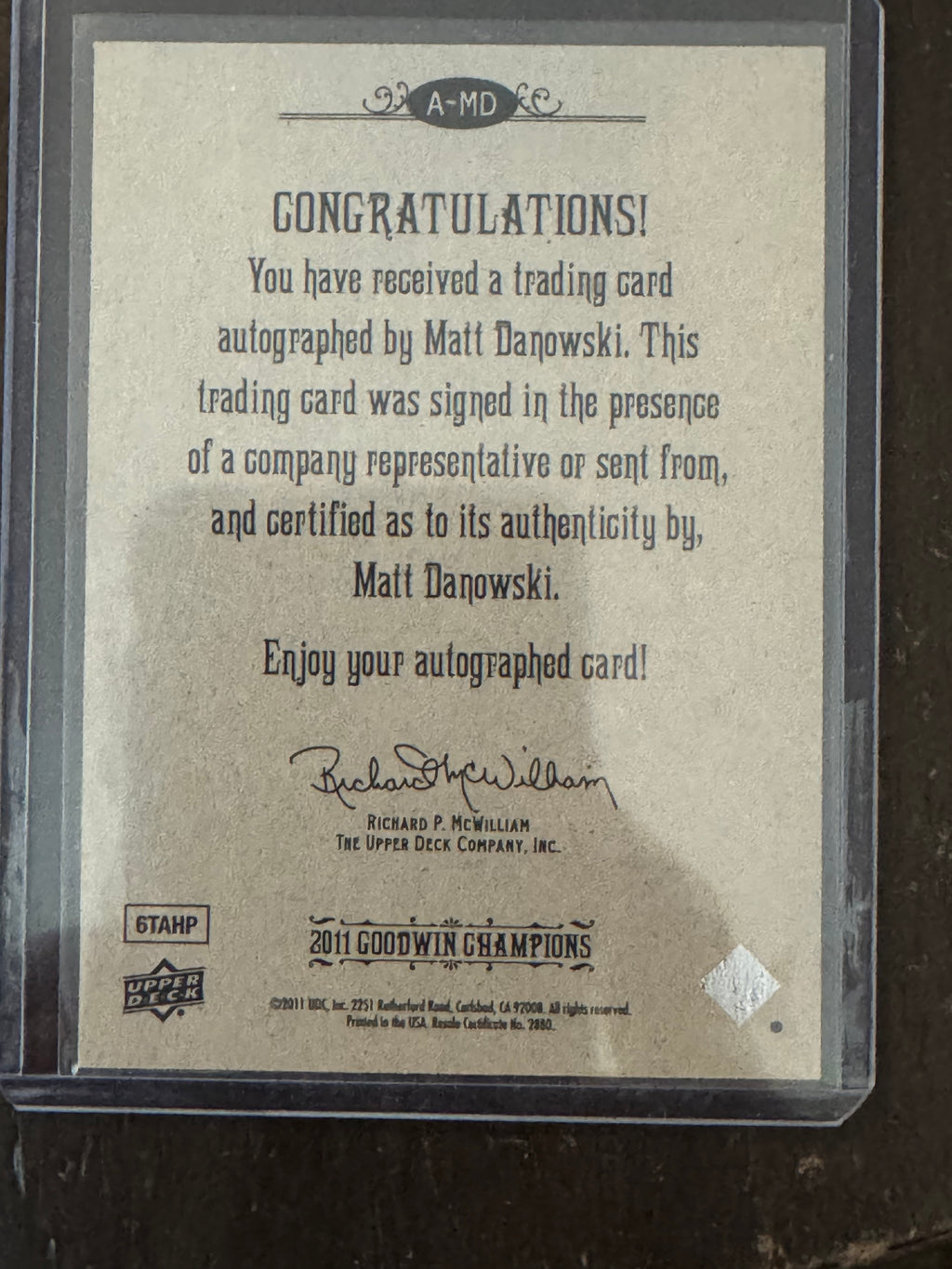 2011 Upper Deck Goodwin Champions Matt Danowski #A-MD