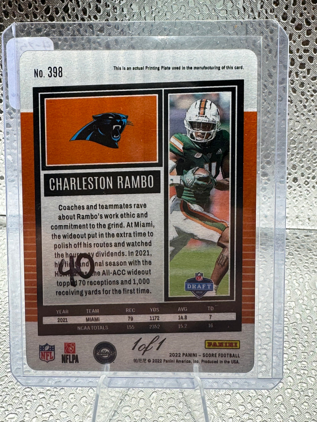 2022 Panini Score Football Charleston Rambo #398 Printing Plate 1 of 1