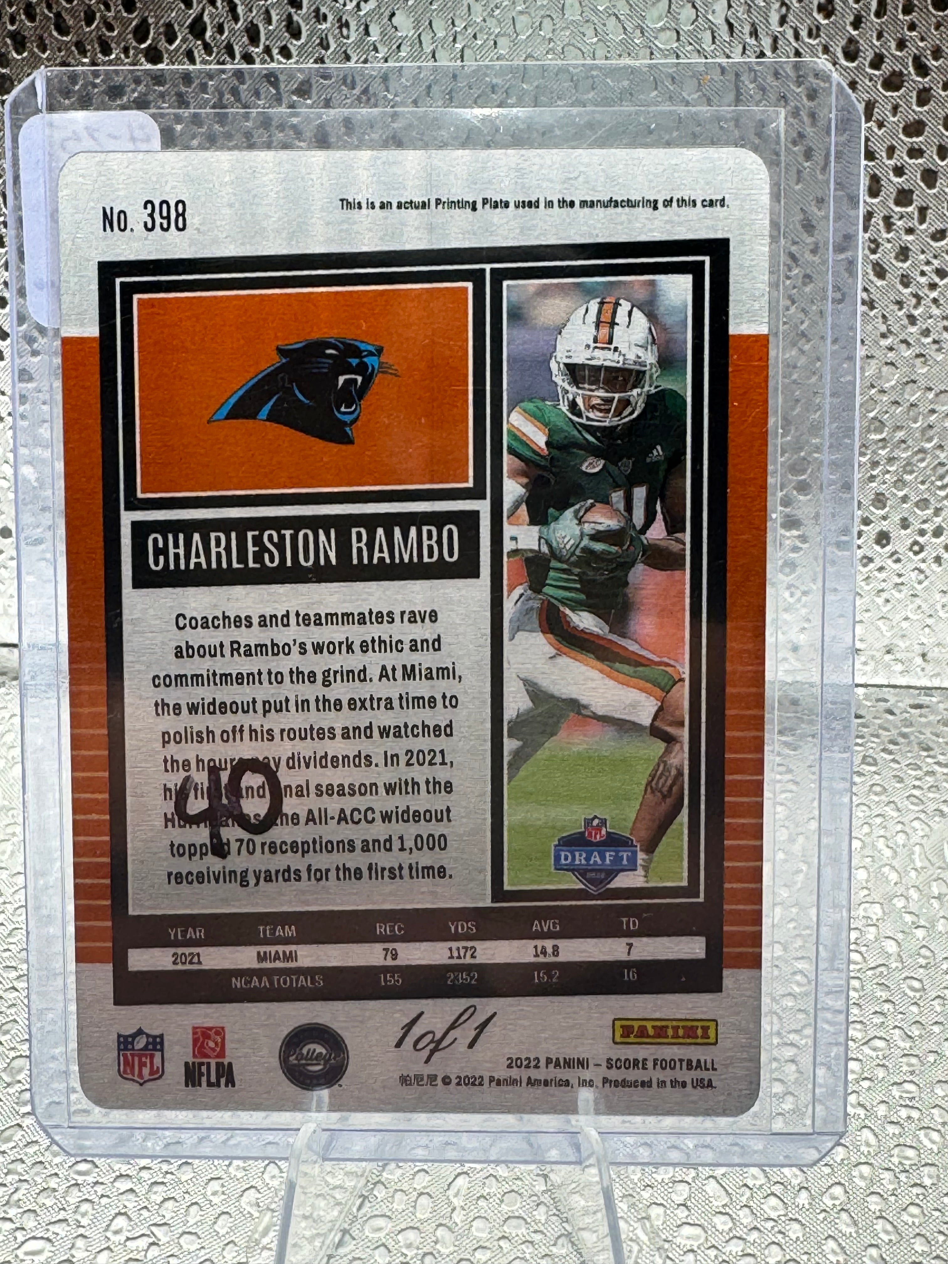 2022 Panini Score Football Charleston Rambo #398 Printing Plate 1 of 1