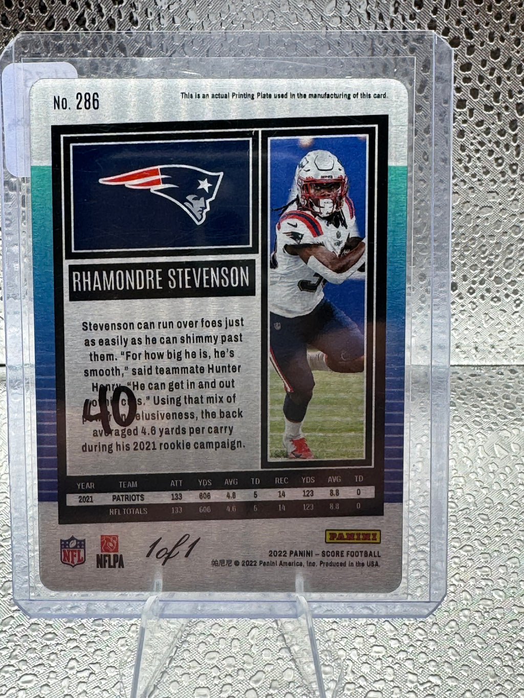 2022 Panini Score Rhamondre Stevenson #286 Printing Plate 1 of 1