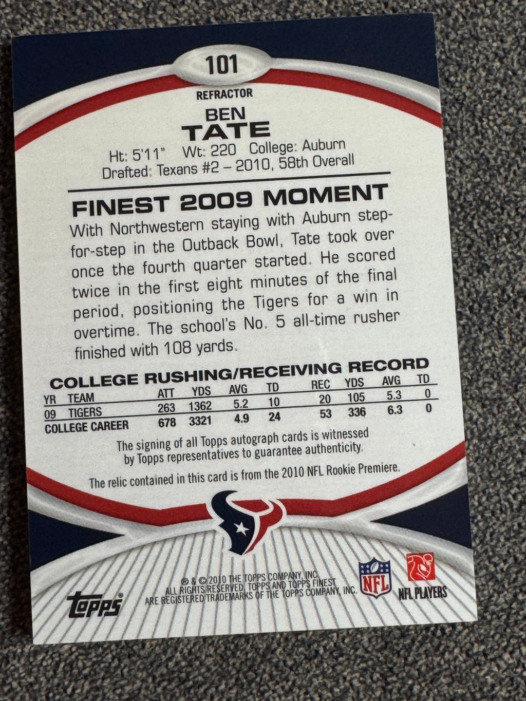 2010 Topps Finest Ben Tate #101 Refractor RC Player-Worn Jersey