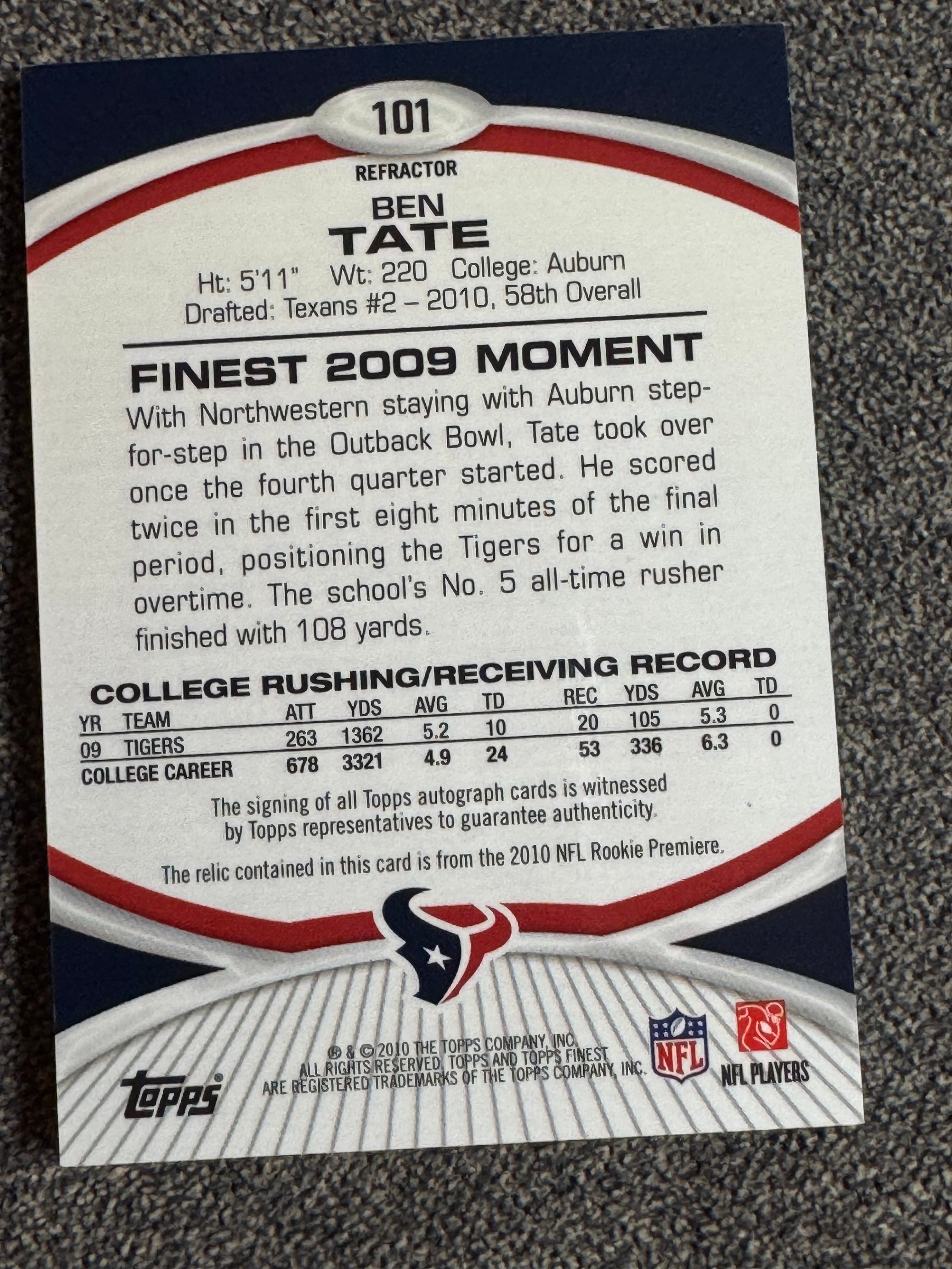 2010 Topps Finest Ben Tate #101 Refractor RC Player-Worn Jersey