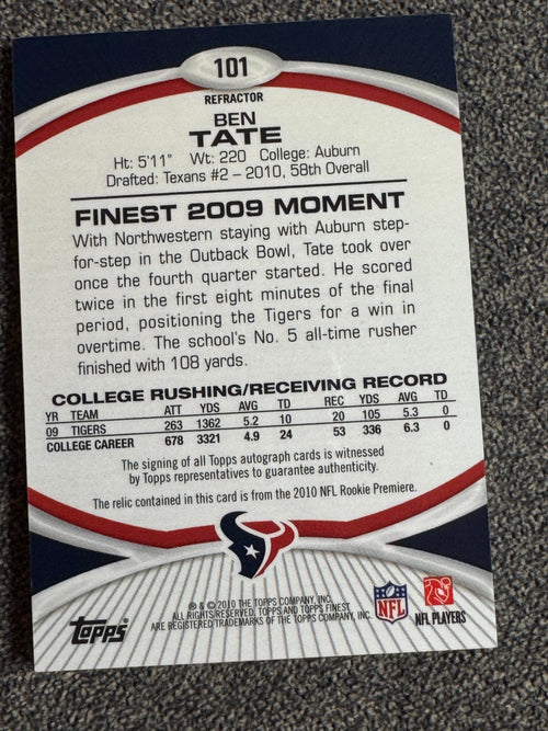 2010 Topps Finest Ben Tate #101 Refractor RC Player-Worn Jersey