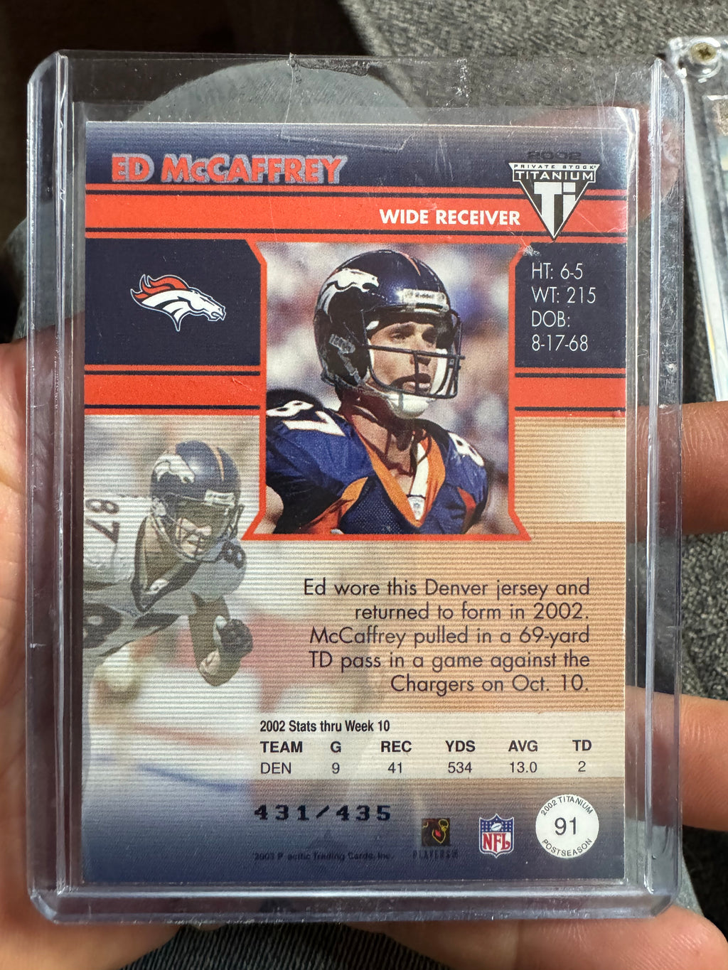 2003 Pacific Private Stock Titanium Ed McCaffrey #91 Jersey 431/435