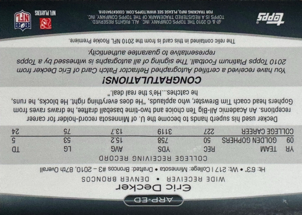 2010 Topps Platinum Eric Decker #ARP-ED 718/800 Jersey Patch RC