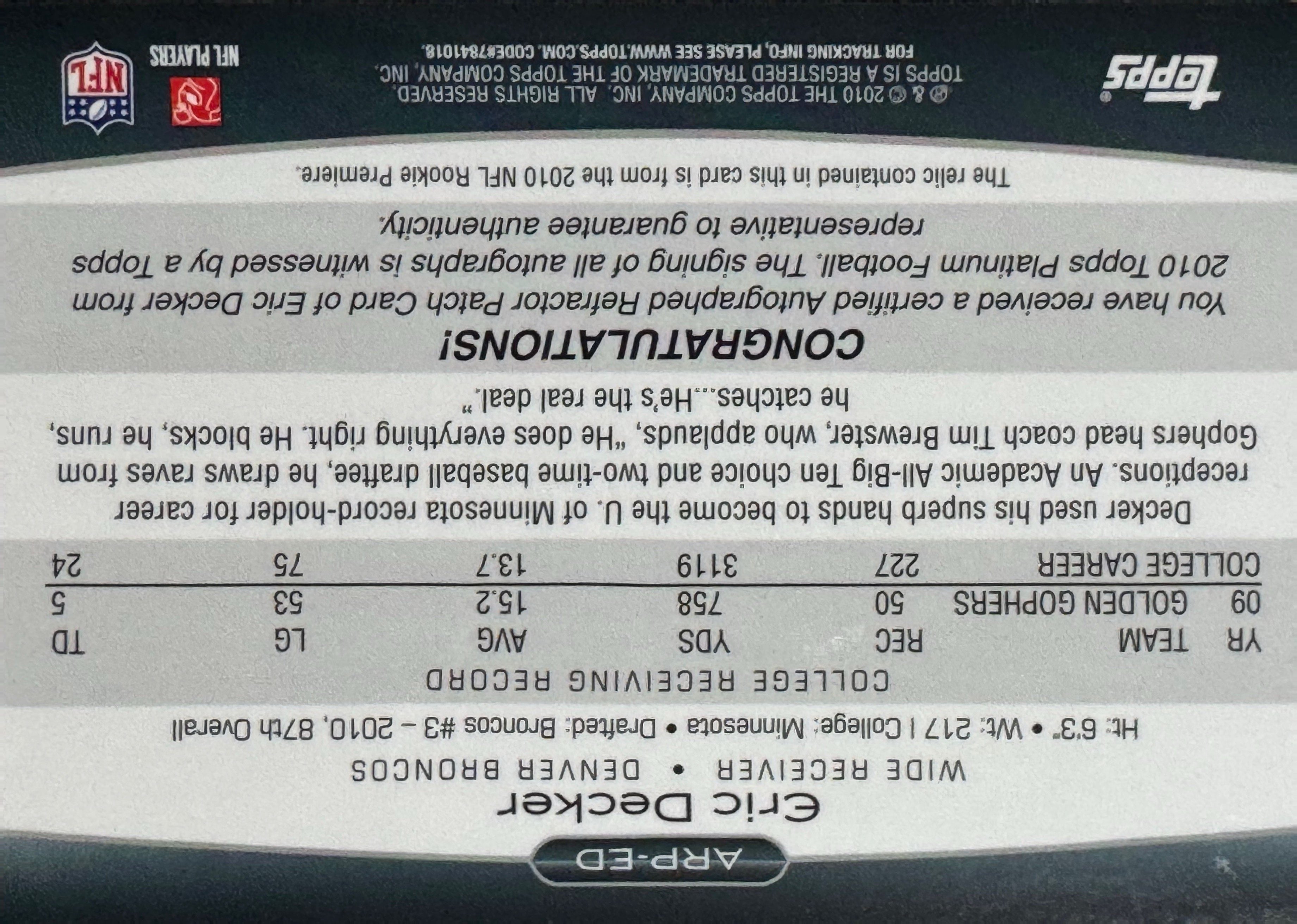 2010 Topps Platinum Eric Decker #ARP-ED 718/800 Jersey Patch RC