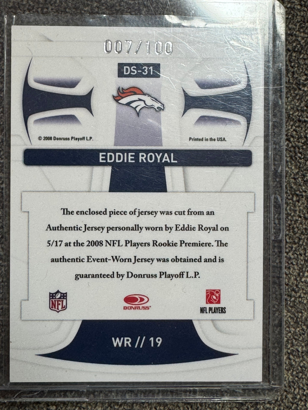 2008 Eddie Royal #DS-31 Event-Worn Memorabilia Jersey Patch
