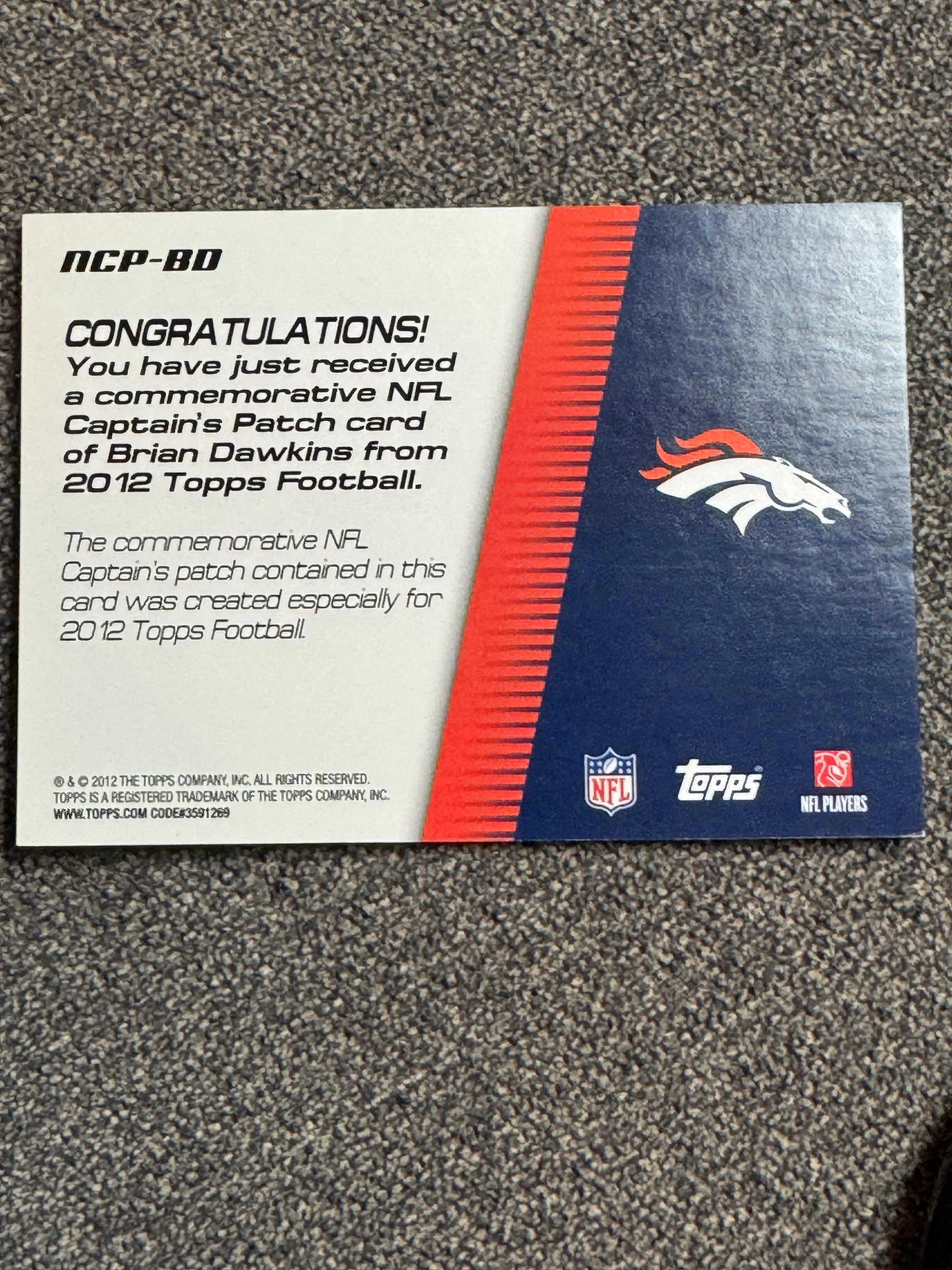 2012 Topps Football Brian Dawkins #NCP-BD Commemorative Patch