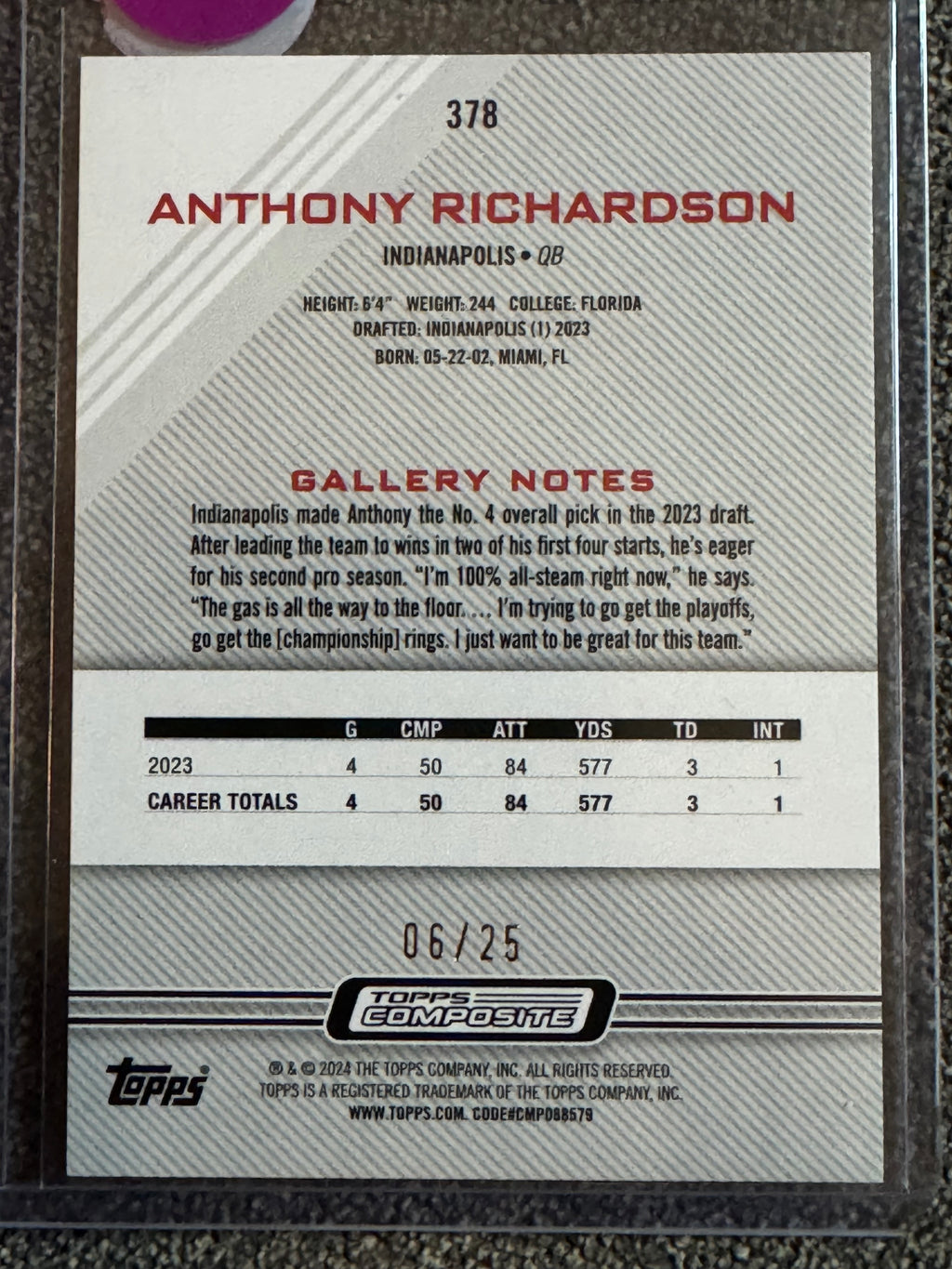 2024 Topps Composite Anthony Richardson #378 Orange 6/25 RC