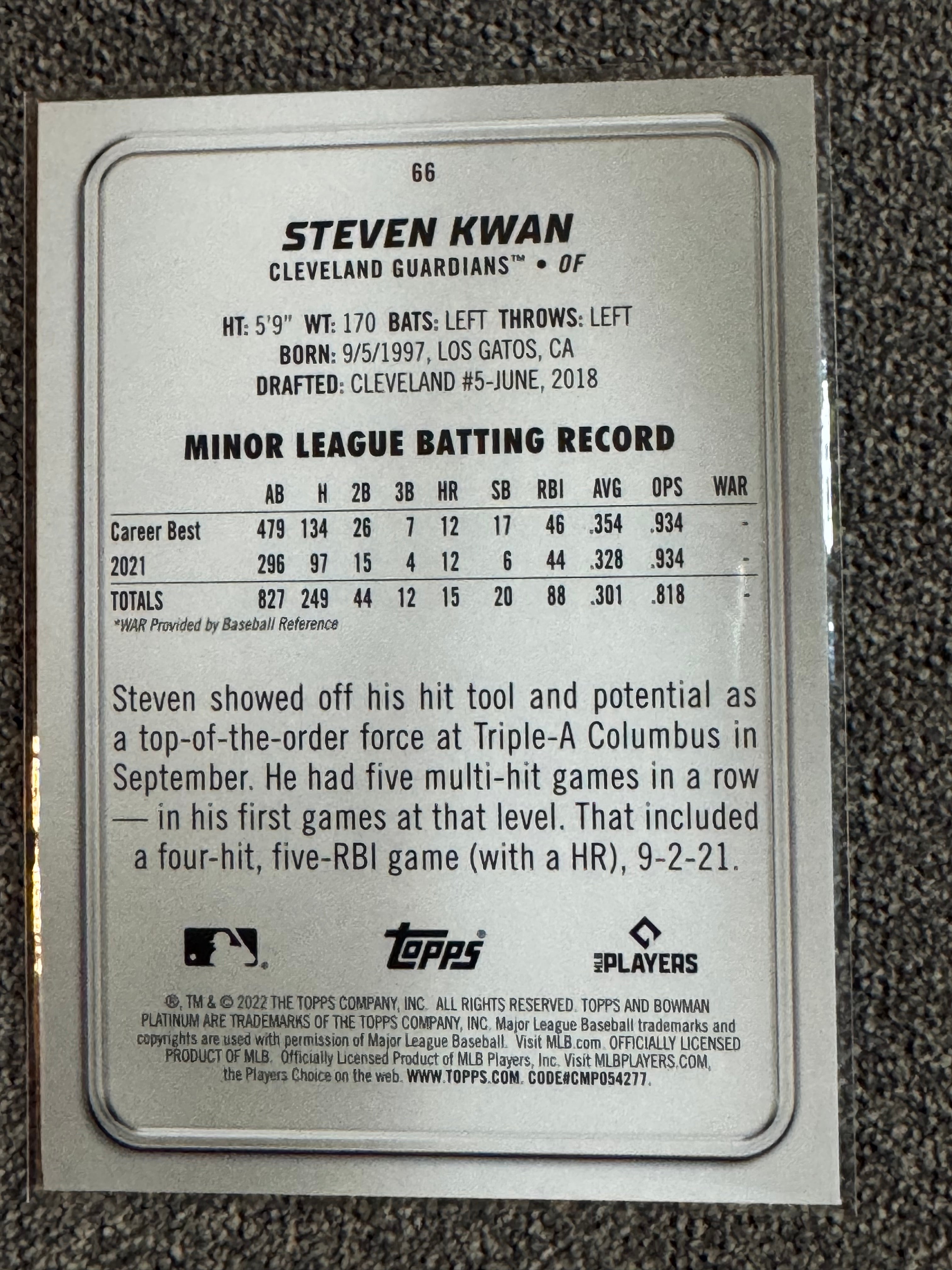 2022 Bowman Platinum Ice Steven Kwan #66 RC
