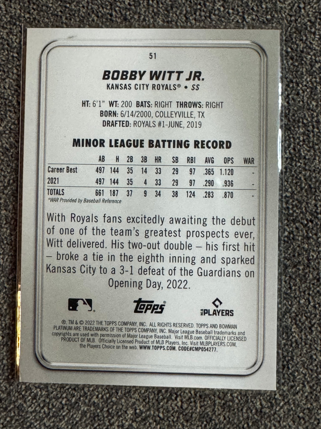 2022 Topps Bowman Platinum Ice Bobby Witt Jr. #51 RC