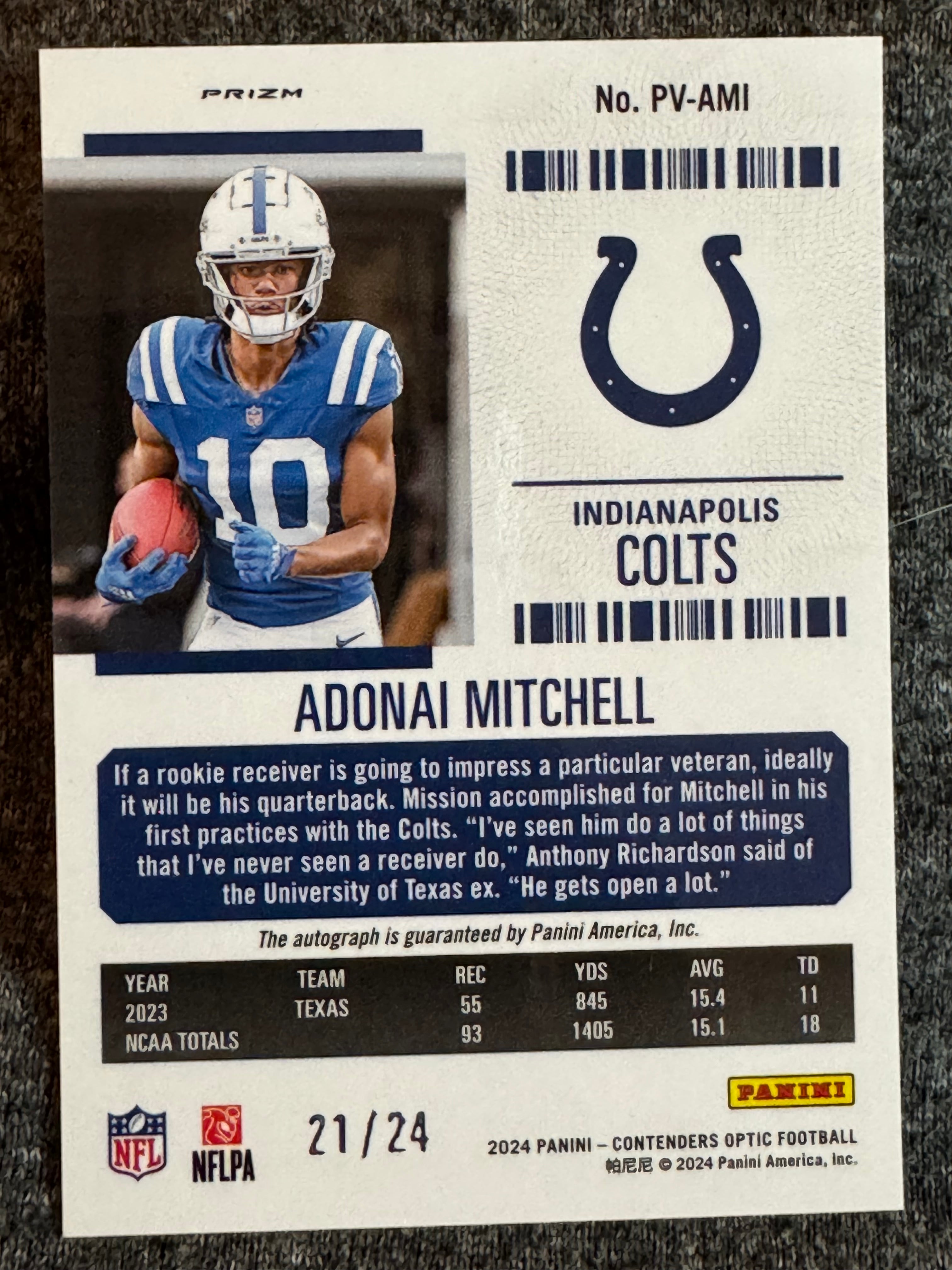 2024 Panini Contenders Optic Rookie Ticket Adonai Mitchell #PV-AMI 21/24 RC