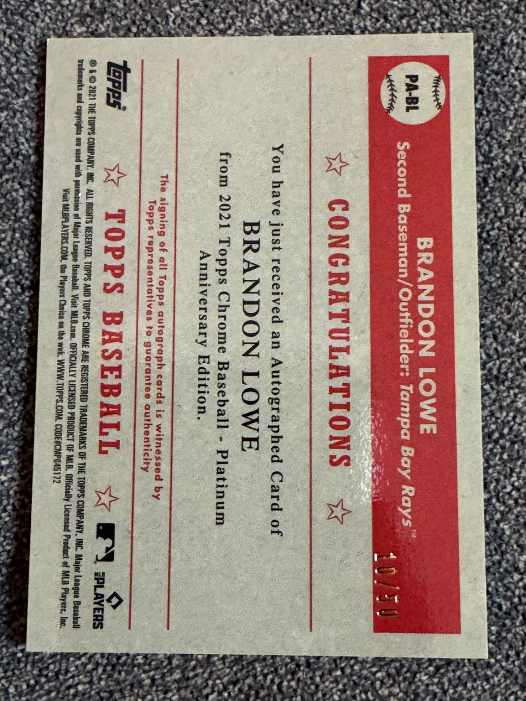 2021 Topps Chrome Platinum Brandon Lowe #PA-BL Gold Refractor 10/50