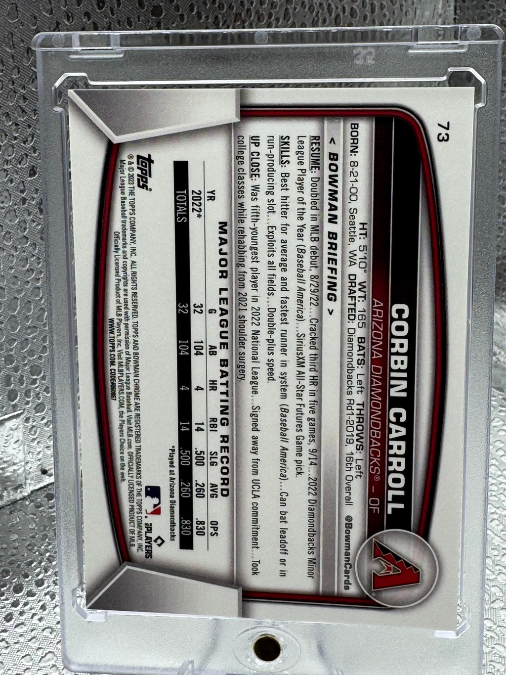 2023 Topps Bowman Chrome Corbin Carroll #73 Gold Lava Refractor RC 39/50