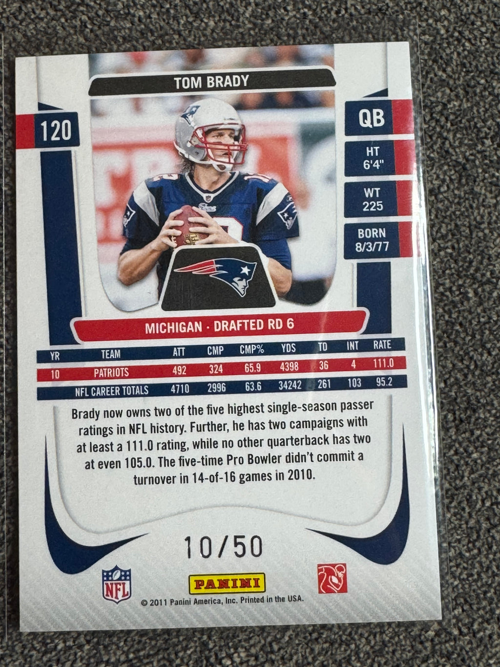 2011 Panini Prestige Tom Brady #120 Xtra Points 10/50