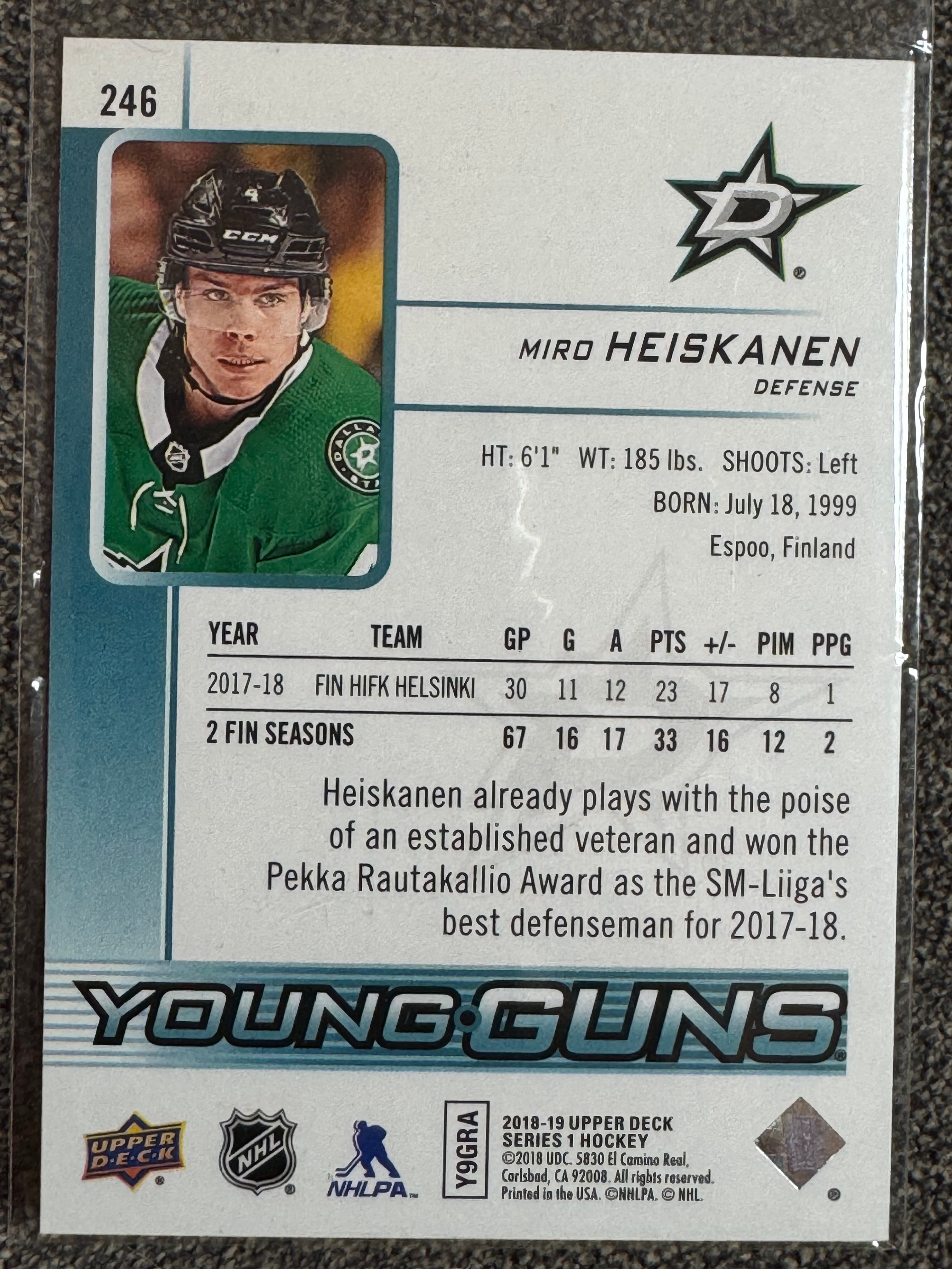 2018 Upper Deck Series 1 Young Guns Miro Heiskanen #246