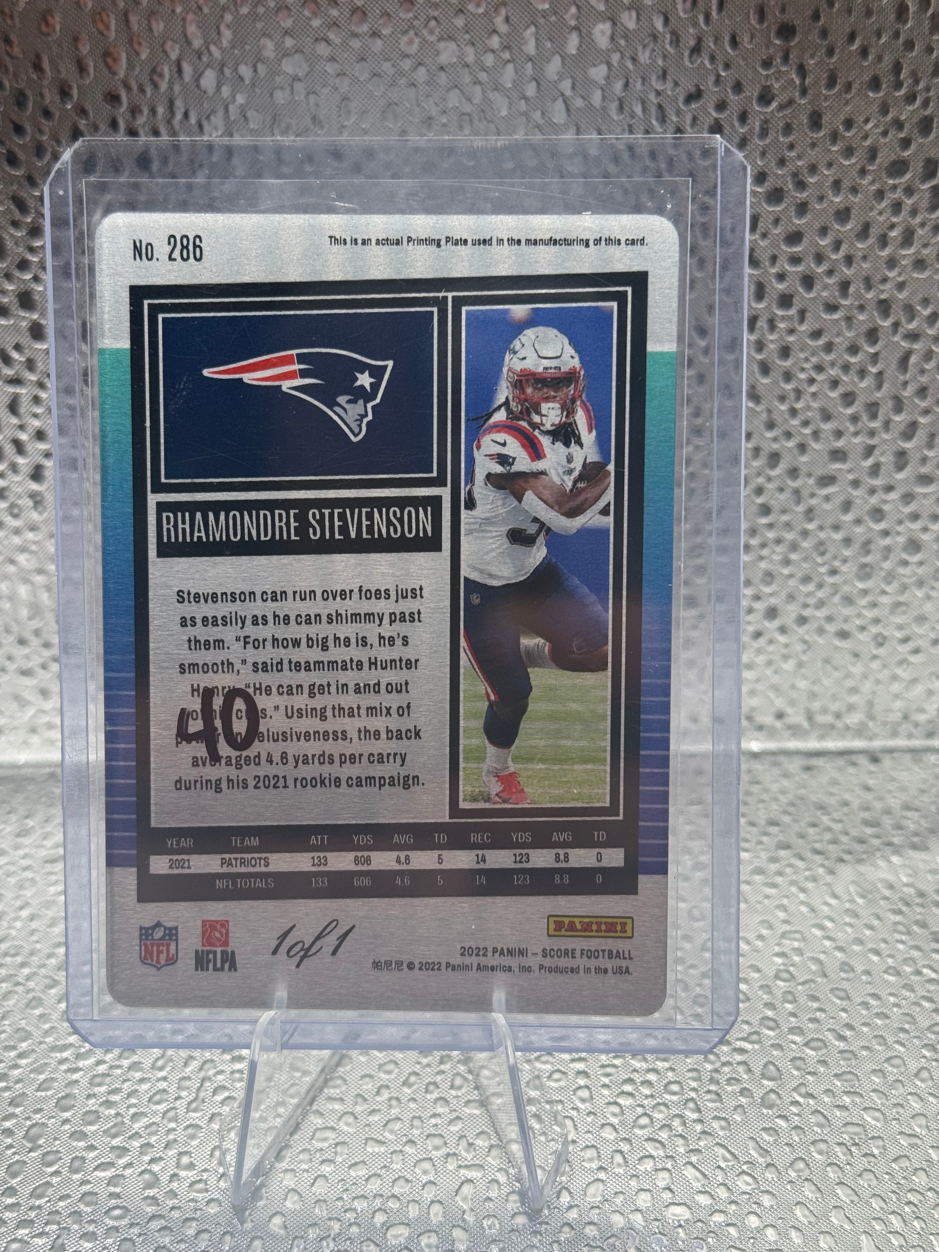 2022 Panini Score Rhamondre Stevenson #286 Printing Plate 1 of 1