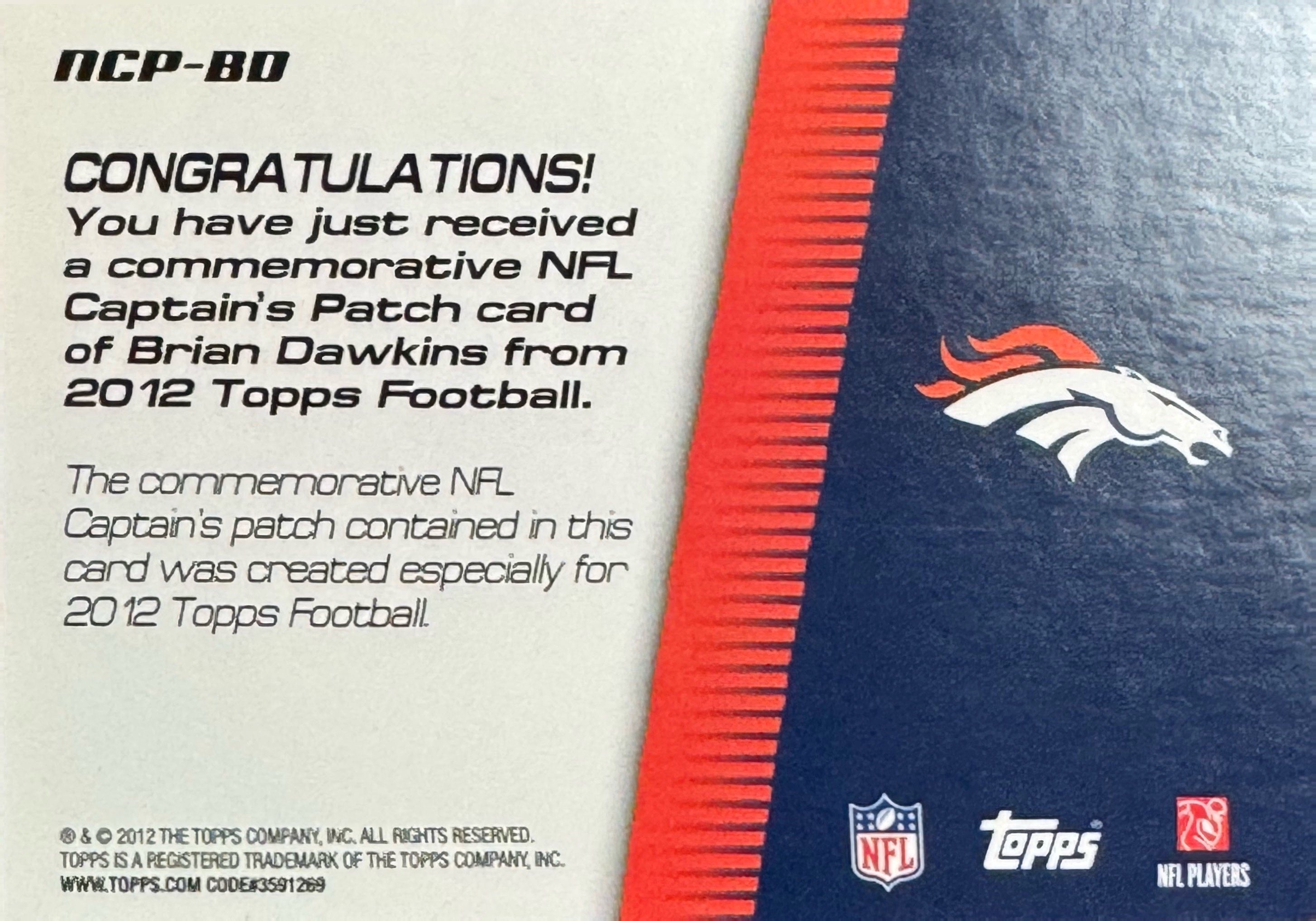 2012 Topps Football Brian Dawkins #NCP-BD Commemorative Patch