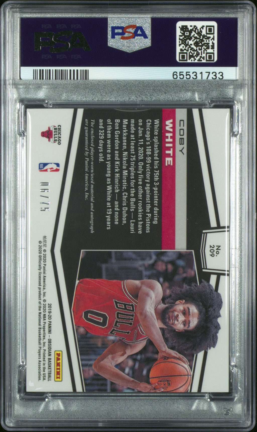 2019 Panini Obsidian Coby White #209 Jsy. Au E E Purple PSA 6 Auto A