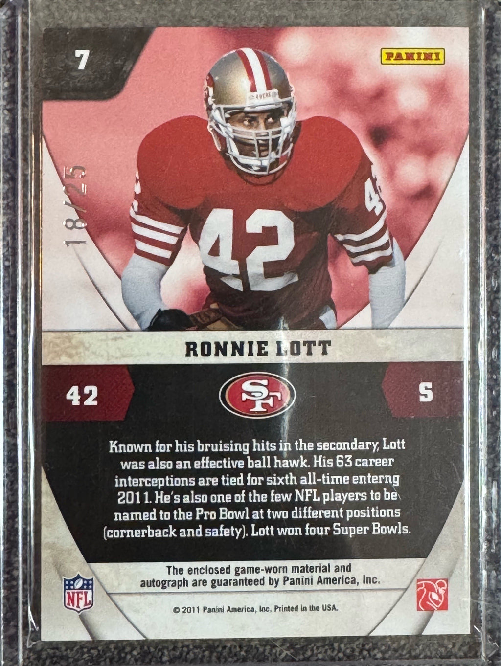 2011 Panini Absolute Memorabilia NFL Icons Ronnie Lott #7 18/25 Patch