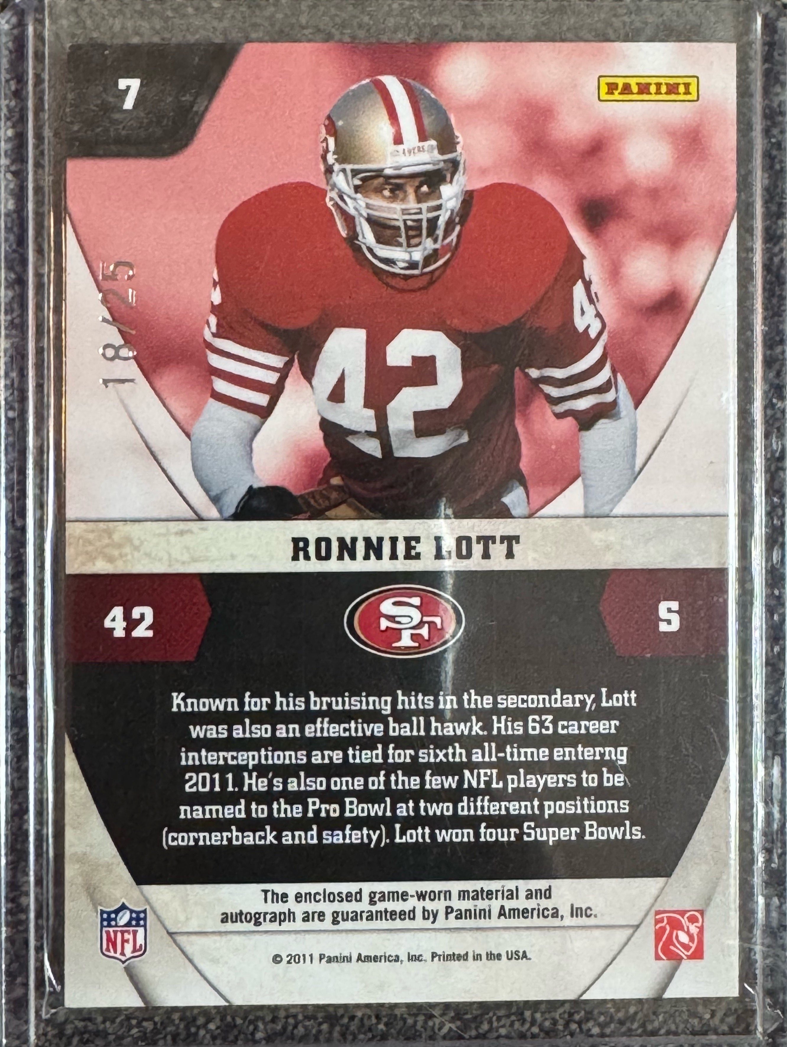 2011 Panini Absolute Memorabilia NFL Icons Ronnie Lott #7 18/25 Patch